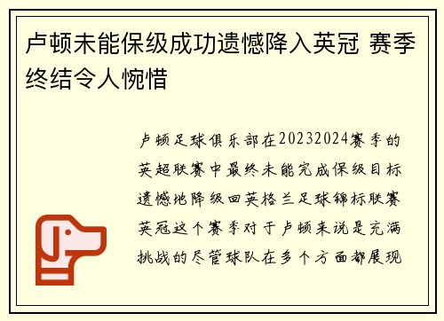 卢顿未能保级成功遗憾降入英冠 赛季终结令人惋惜 卢顿未能保级成功遗憾降入英冠 赛季终结令人惋惜